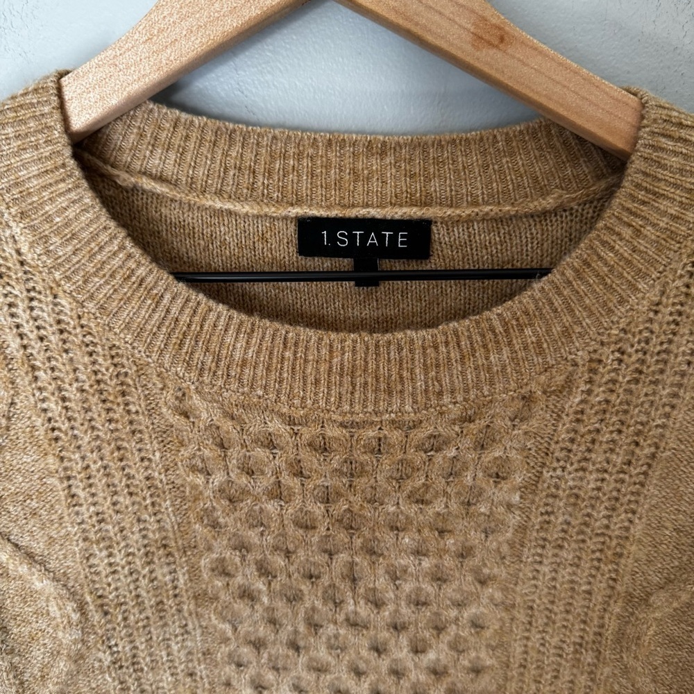 1. State Variegated Cable Crew-Neck Puff Sleeve Fisherman Brown Sweater Sz XS - Picture 4 of 9